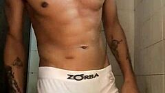 young stud with thick cock jerks off in shower homemade