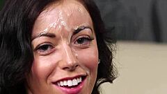 dickloving milf kneels for massive facial cumshot in stockings