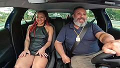 she hops in the car just to spread her wet pussy for a quick public blowjob ride