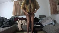 curvy milf mommy plays with fur jacket new dildo sex toy slap tight pussy