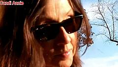 Mature milf milks outdoor cock with handjob then swallows cum