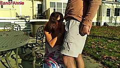 Mature milf milks outdoor cock with handjob then swallows cum