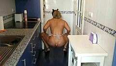 mature milf squirts wildly while fucked deep in kitchen