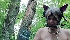 french ponygirl slave bound in forest for outdoor bdsm orgasm play