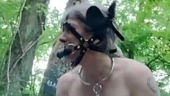 french ponygirl slave bound in forest for outdoor bdsm orgasm play