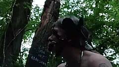 french ponygirl slave bound in forest for outdoor bdsm orgasm play