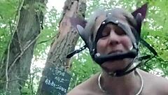 french ponygirl slave bound in forest for outdoor bdsm orgasm play