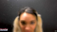 petite brunette sabrina tit-rubs while slurping hard cock hungrily