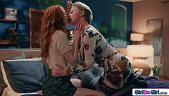 busty milf pulls redhead sub's nipples and facesits