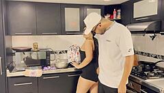 Boss with small cock pays to fuck my tight pussy in kitchen