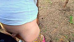 horny milf catches guy jerking helps him cum fast outdoor