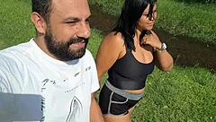 after creampie she showers naked in backyard for neighbors