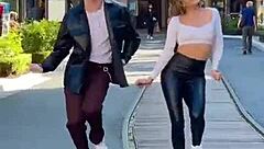 blonde babe sways seductively in tight leggings