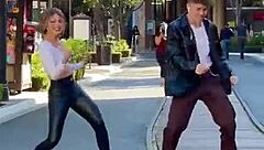 blonde babe sways seductively in tight leggings