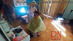 Nudist barbershop lady strips apron surprises client nude!