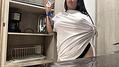 Juicy Big Natural Tits Brunette Masturbates in Hotel Kitchen