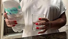 Juicy Big Natural Tits Brunette Masturbates in Hotel Kitchen