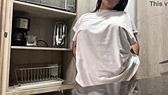 Juicy Big Natural Tits Brunette Masturbates in Hotel Kitchen