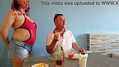 naked waitress serves meal from her navel to horny restaurant guest backstage