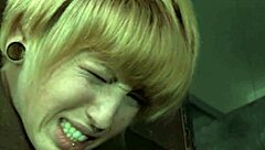 blonde skank locked in stocks for brutal bondage humiliation