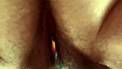 up close curvy hairy pussy takes glass dildo deep