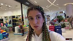 Crazy Brunette Babe Gives Public Blowjob in Mall Toilet Then Cumwalk Covered