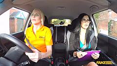 Blonde babe eats pussy desperately to pass fake driving school