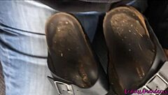 check out this babe pissing on dirty feet then fucking in public bathroom