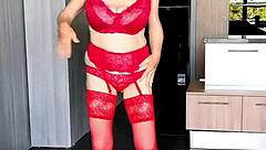Hot Granny Fucks Shaved Pussy in Red Stockings Toys