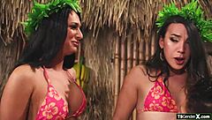 Lucky Guy Bareback Fucks Two Hot Shemales Facesit