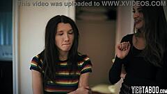 evil brunette seduces petite lesbian teen girlfriend with hairy pussy licking