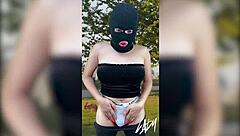 horny shemale fingers shaved pussy in public park frenzy