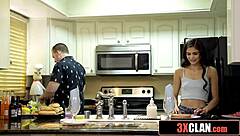 sneaky milf slips in to stroke young boyfriend's throbbing cock eagerly