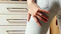 Petite blonde bombshell strips wildly in tight jeans