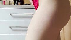 Petite blonde bombshell strips wildly in tight jeans