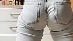 Petite blonde bombshell strips wildly in tight jeans