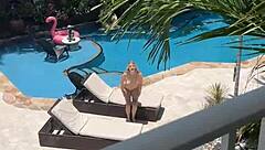 Petite blonde Jill Taylor rides best friend bikini stud poolside
