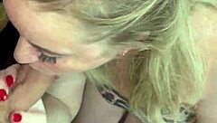 blonde milf welcomes young stud with deepthroat bedroom blowjob