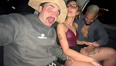 blonde cutie tricks two guys into car ride pussy play?