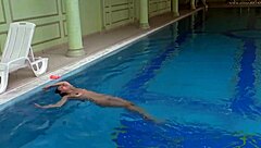 Hungarian brunette babe teases big tits and ass in naked pool shower swim