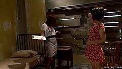 redhead lezdom whips bound asian teen into anal submission