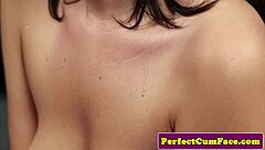 british babe in lingerie slurps cumshot for voyeur facial