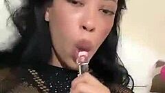 pierced tongue latina teen sucks cock hungrily!