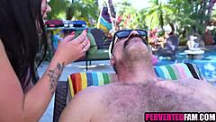 brunette bikini girl offers anal to older man