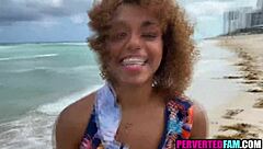 Ebony Teen Stepsis Rides Cowgirl on Beach with Small Tits