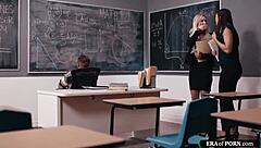 milf teachers catch colleague jerking off in classroom then lick and fuck