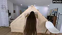 hazel moore bounces tight pussy on cock testing new tent ride