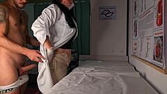 nurse and esthetician check out patient's massive workout erection