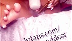 sexy ebony bitch squirts creamy from dildo feet play