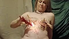 French Maid Slave Bound in Auto BDSM Session with Clamps and Candles